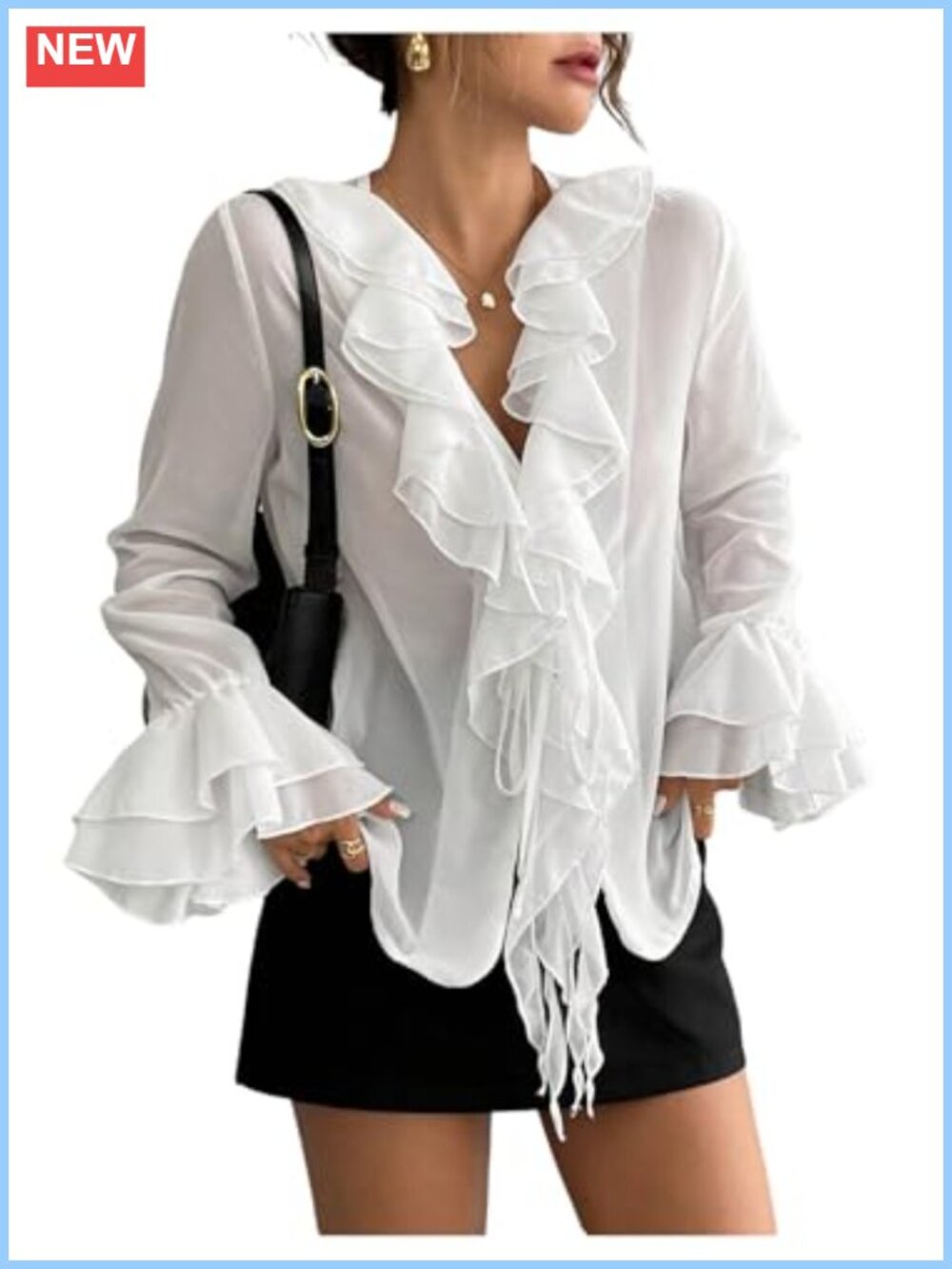 Sheer Chiffon Ruffle Blouse with Knot Front and Flare Sleeves